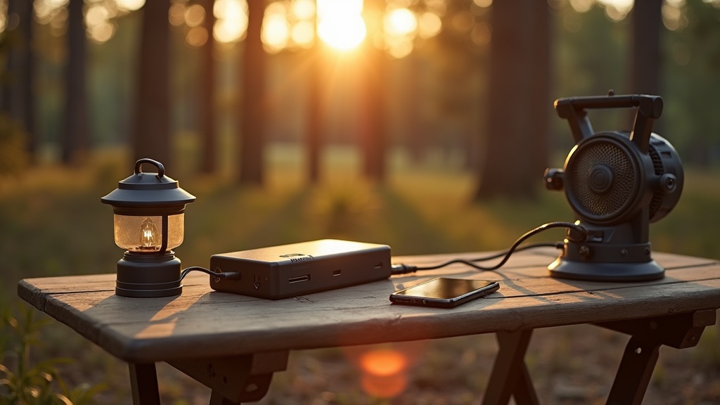 キャンプサイトでポータブル電源にスマホやランタンを接続している使用シーン