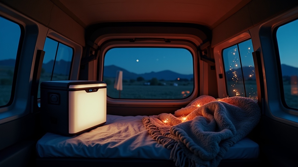 車中泊でポータブル電源を使って冷蔵庫や電気毛布を稼働させている車内シーン