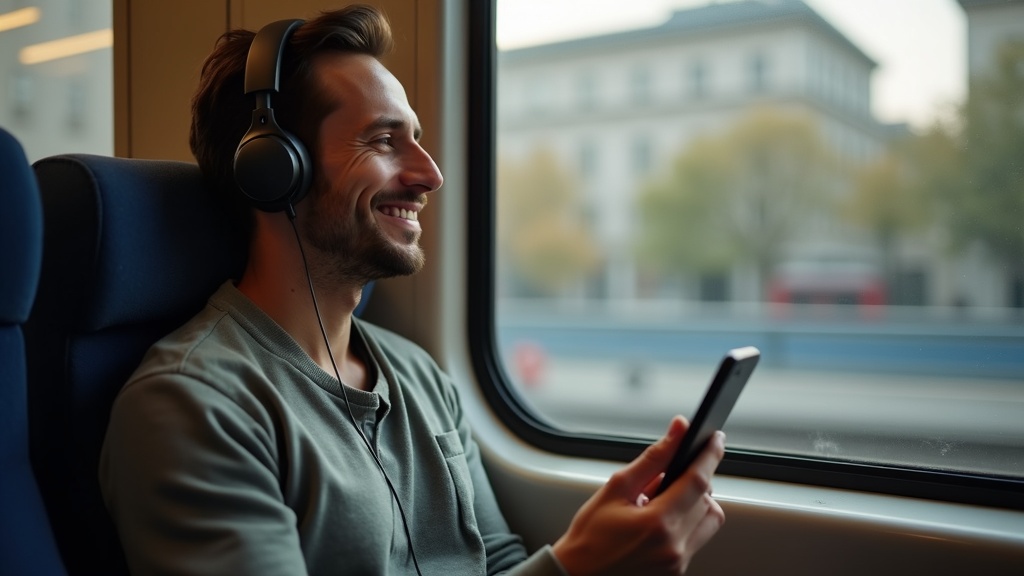 電車の中でポータブルDACとスマートフォンを使って音楽を楽しむ人物の写真