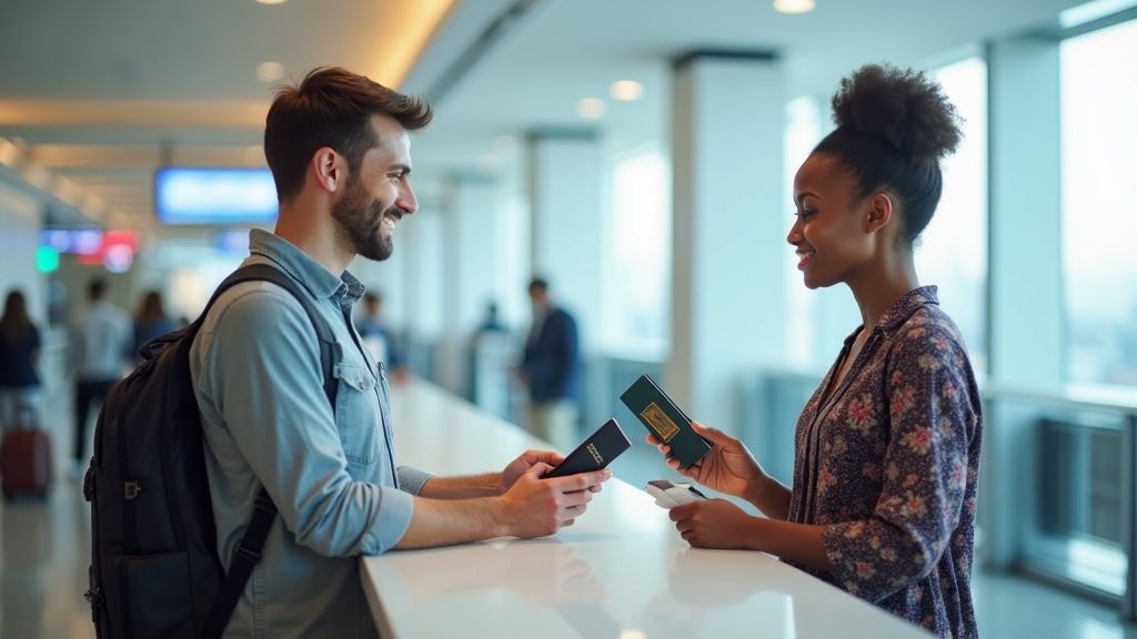 空港カウンターで海外用WiFiルーターを受け取る旅行者