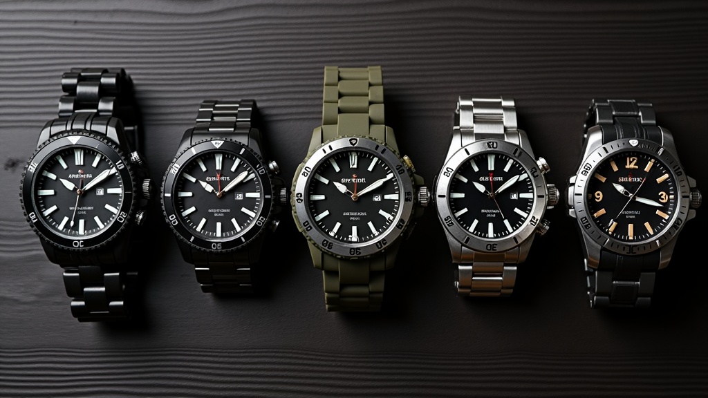 木製テーブルの上に並べられた用途別・デザイン別の複数スポーツ腕時計フラットレイ比較