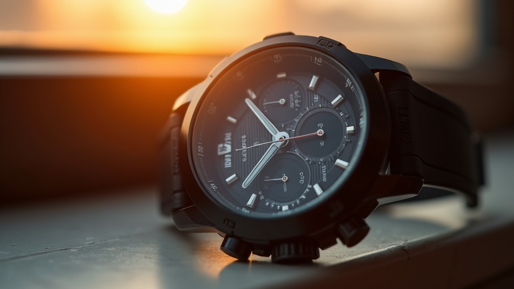 窓際の自然光でソーラー充電中のタフソーラー搭載スポーツ腕時計の文字盤クローズアップ