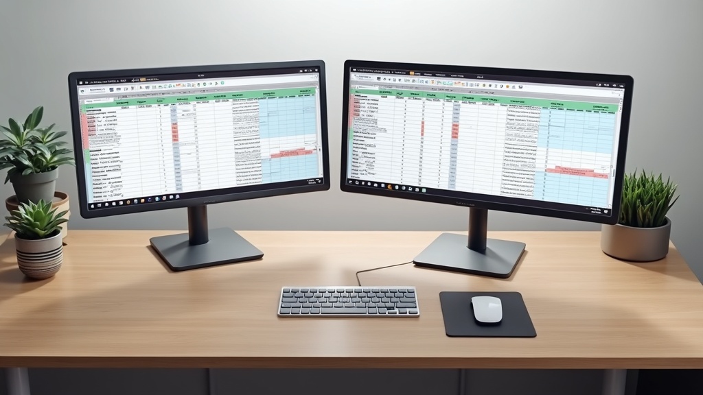 デュアルモニターのベゼル断絶とウルトラワイドモニターのシームレス画面を並べて比較したデスク俯瞰写真