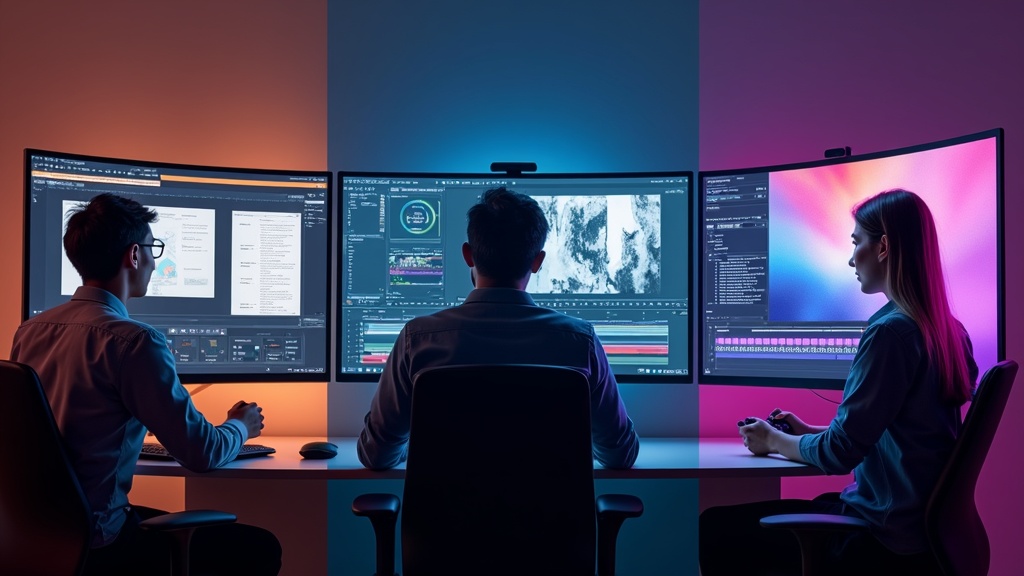 ウルトラワイドモニターのテレワーク・動画編集・ゲームの3用途を比較したシーン