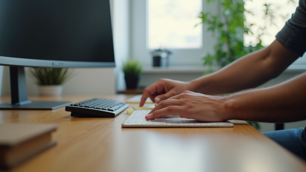 ウルトラワイドモニター設置前にデスク奥行きをメジャーで計測している様子