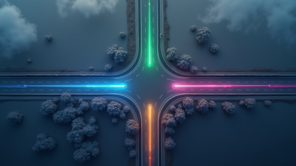 AIエージェントフレームワーク選定の意思決定を象徴する、スキルレベルや用途ごとに分岐する道の俯瞰図