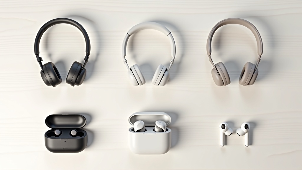 テレワーク向けヘッドセットとワイヤレスイヤホンの複数製品を並べた比較展示