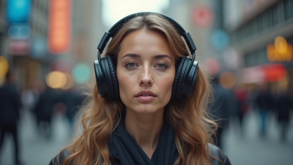 ノイズキャンセリングヘッドホンを着用して周囲の騒音を遮断し集中している女性