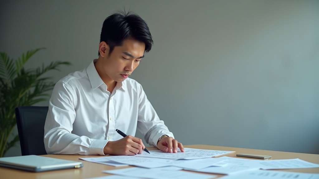 AI副業における著作権や開示義務などの注意点を確認する真剣なビジネスパーソン