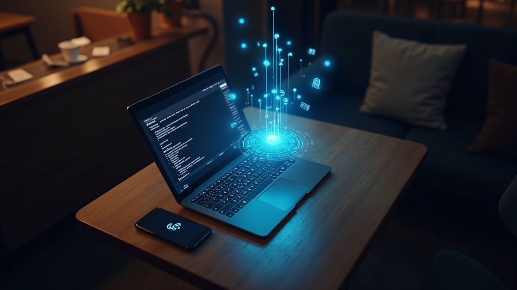 カフェのフリーWi-Fiでスマートフォンとパソコンが暗号化トンネルを通じてVPN接続する仕組みのイメージ