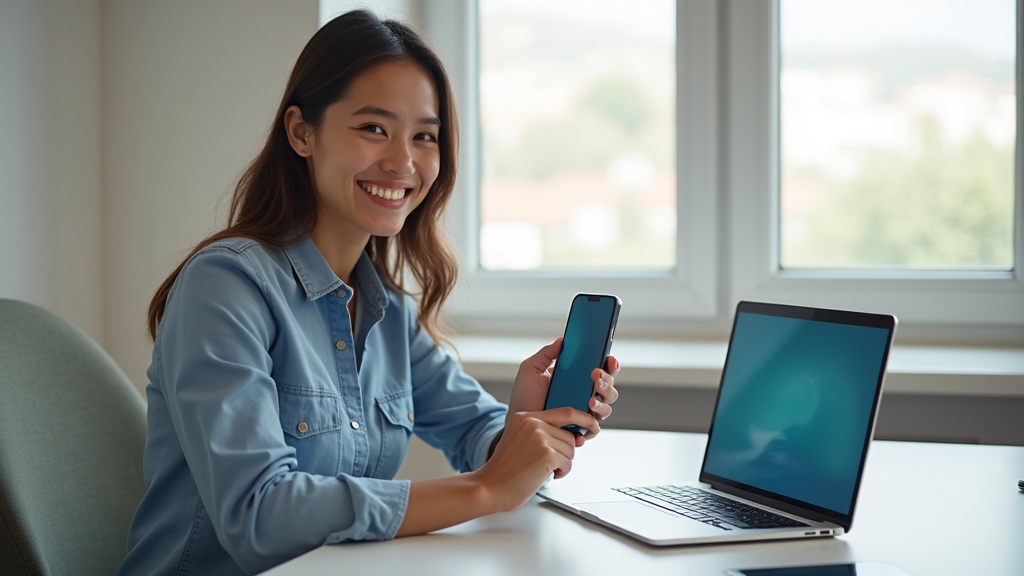 完成したWebアプリをスマートフォンとPCで確認するビジネスパーソン