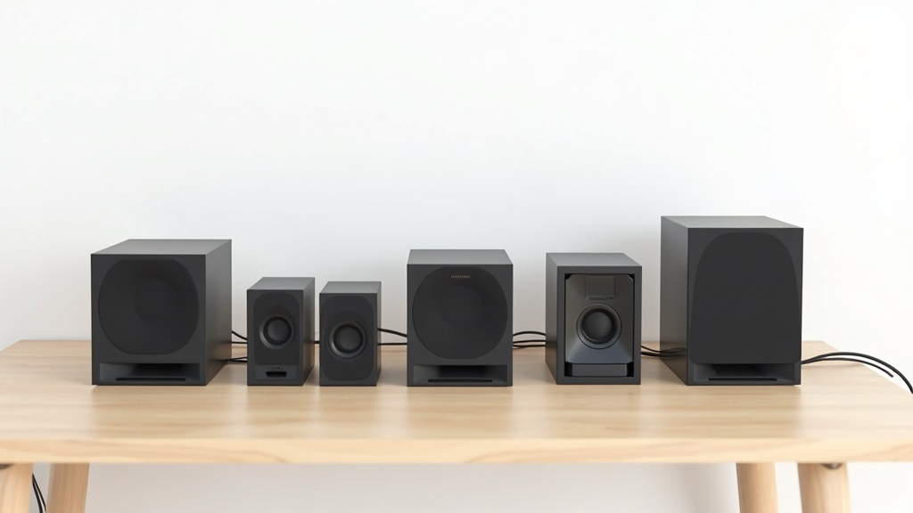サイズや接続方式が異なる複数のPCスピーカーをデスクに並べて比較している様子