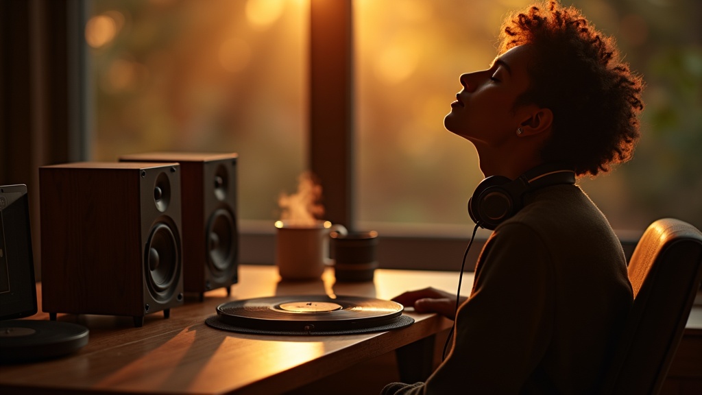 デスクのPCスピーカーで音楽を目を閉じてリスニングしている人物とコーヒーカップ