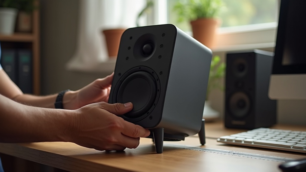 PCスピーカーをトーイン角度に調整し底面にインシュレーターを設置している手元のアップ