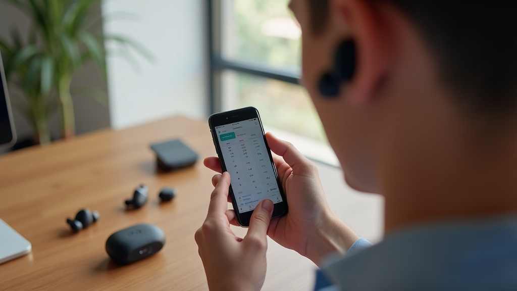 完全ワイヤレスイヤホンを手に取りスマートフォンのスペック表と比較する様子