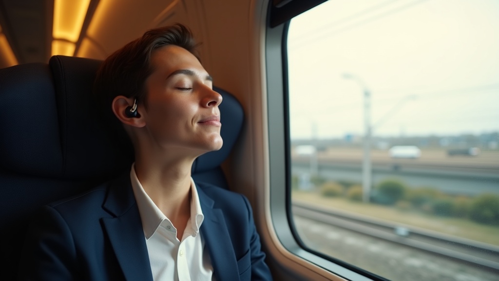 新幹線車内でワイヤレスイヤホンを装着しノイズキャンセリングでリラックスするビジネスパーソン