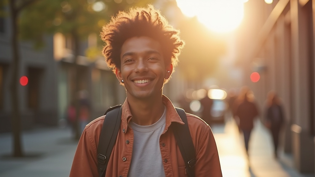 都市の通勤シーンで完全ワイヤレスイヤホンを着用して音楽を楽しむ人物