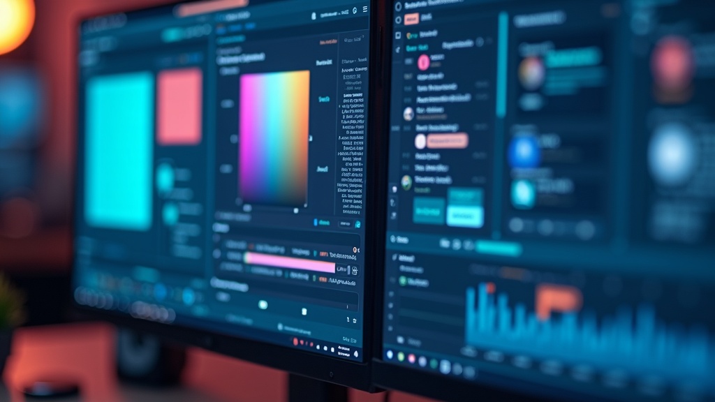 AIライティング・画像生成・動画編集など複数のAI副業案件ツールを同時に操作するモニター画面