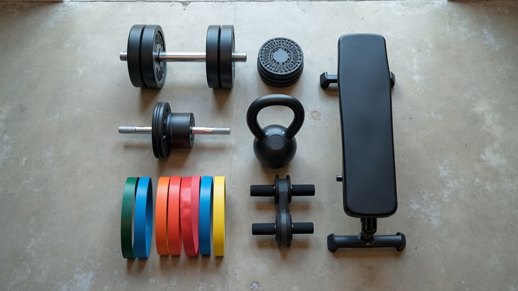自宅ジム用器具の俯瞰配置：可変式ダンベル・ケトルベル・レジスタンスバンド・トレーニングベンチ