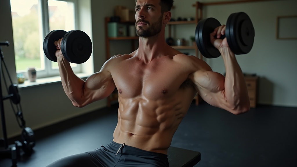 自宅ジムでトレーニングベンチに座りダンベルショルダープレスを行う男性