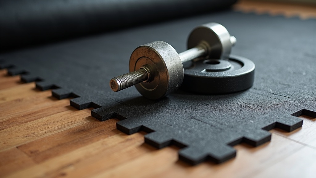 フローリングを保護するラバーマットとジョイントマットの上にダンベルとプレートを配置した自宅ジムの床環境