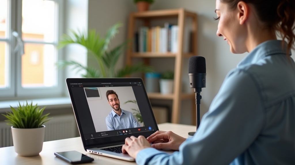 テレワーク中にUSBマイクを使ってビデオ会議をしている自宅オフィスの様子