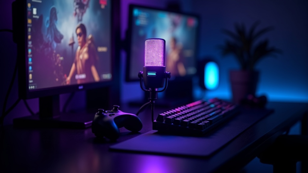 RGBライティングが光るUSBマイクを中心としたゲーム配信者のデスクセットアップ
