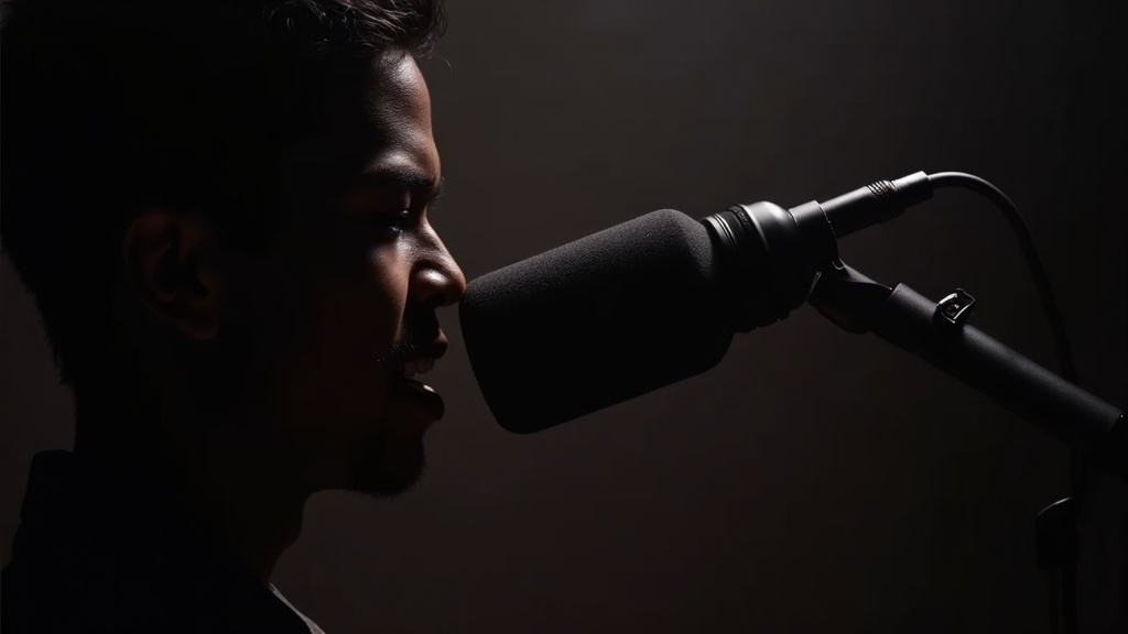 マイクアームで適切な角度と距離に設置されたUSBコンデンサーマイクの配置例