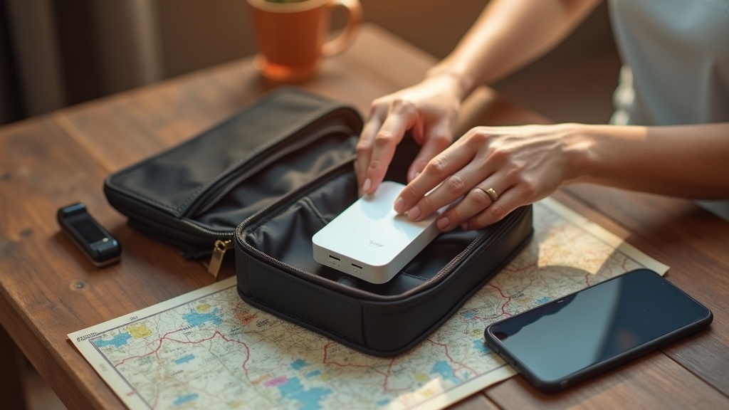 ドライブ旅行の準備としてポケットWiFiルーターをモバイルバッテリーやスマホと一緒に収納する様子
