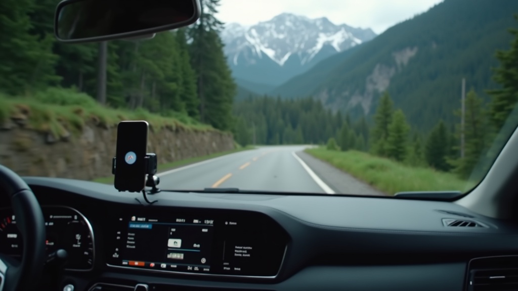 山間部の林道ドライブ中にスマートフォンが圏外になり電波が届かない様子