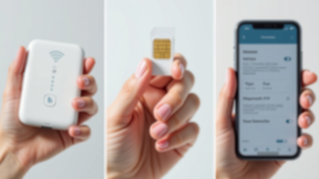 WiFiレンタルのモバイルルーター・海外SIMカード・eSIM対応スマートフォンの3種類を手で持って比較