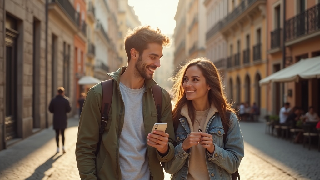 海外旅行中にスマートフォンの地図アプリでナビゲーションするカップルの旅行シーン