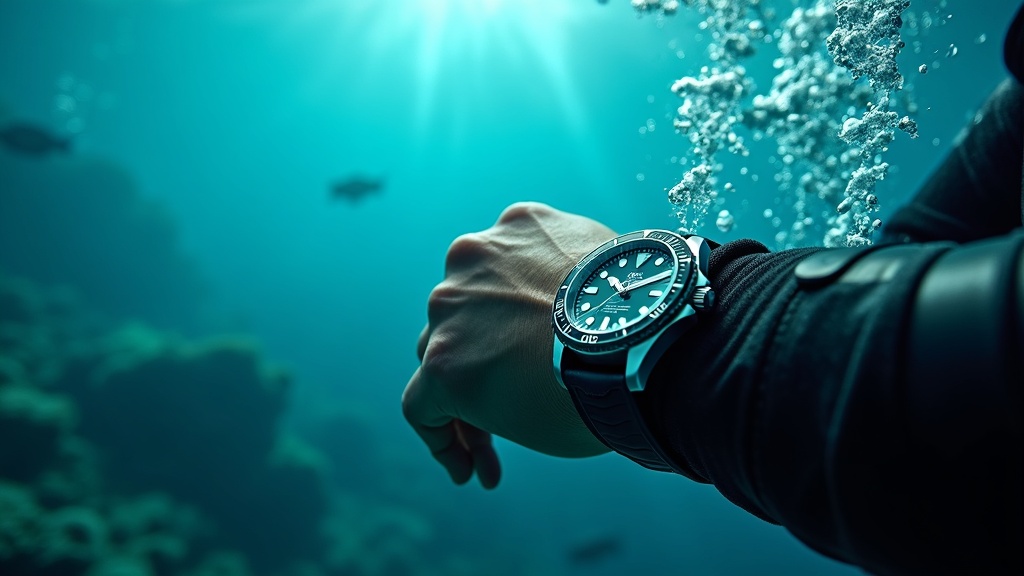 スキューバダイバーが水中でダイバーズウォッチのベゼルを確認している様子