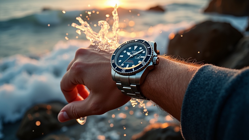 波しぶきがかかる岩場でダイバーズウォッチの防水性能を確認している場面