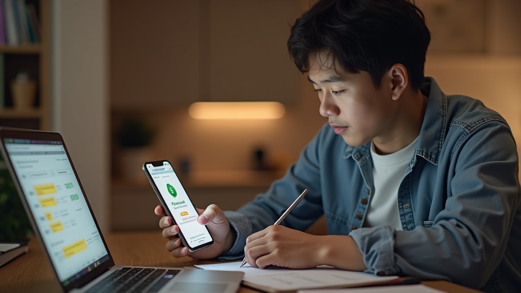 保護者が格安SIMのフィルタリング設定と料金プランを比較検討している様子