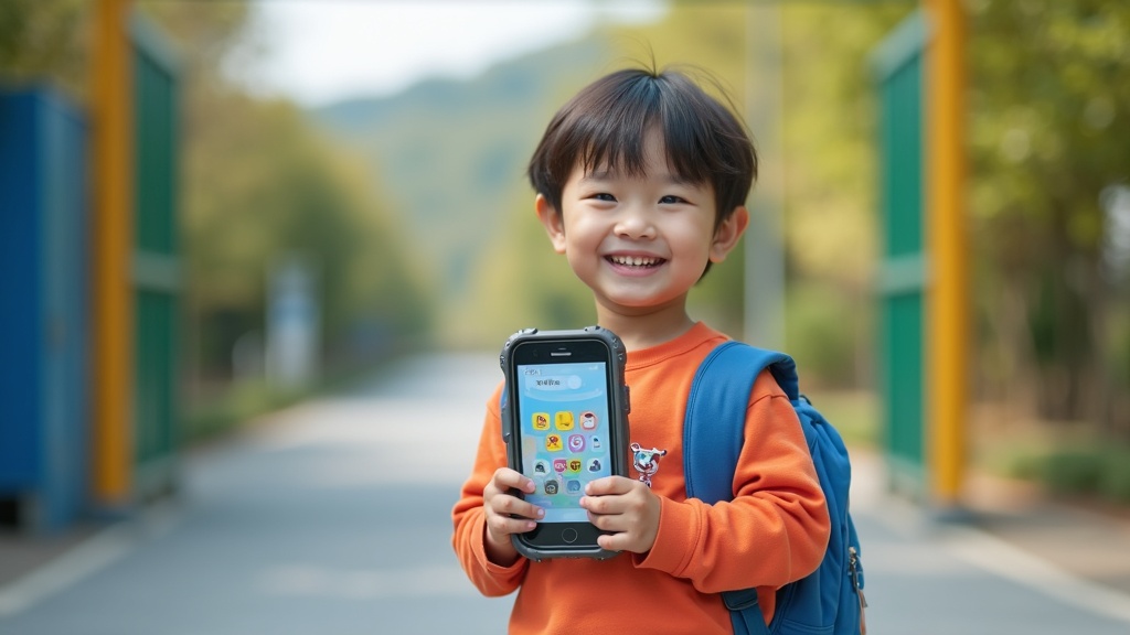 ランドセルを背負った小学生がキッズスマホ専用端末を安心して使っている様子