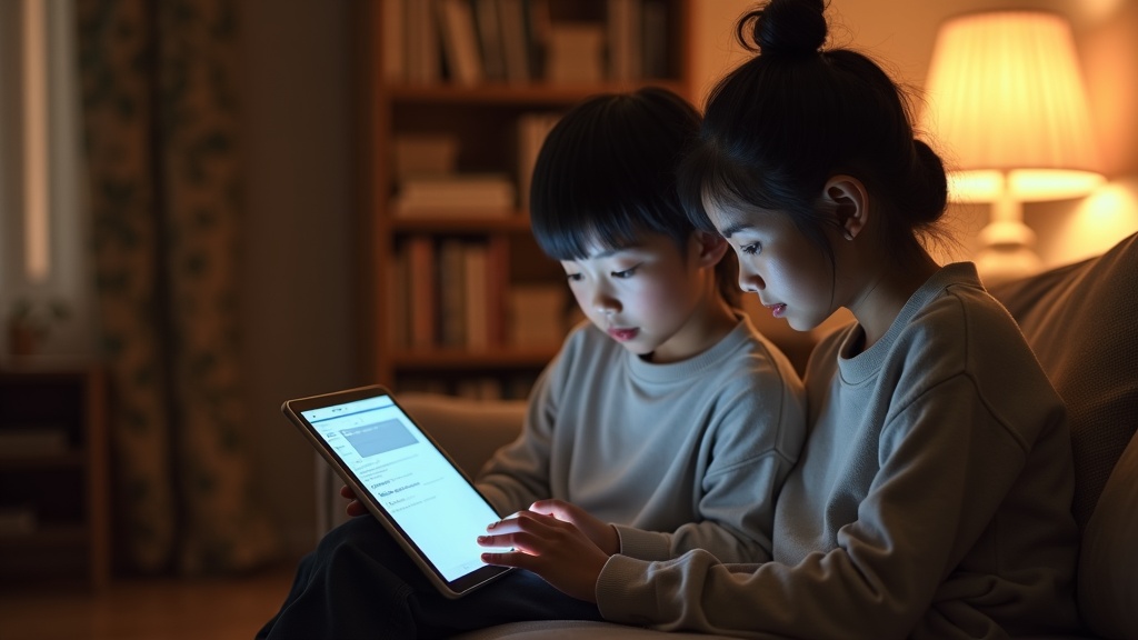 保護者と子どもが一緒にスマートフォンのフィルタリングアプリを設定している場面