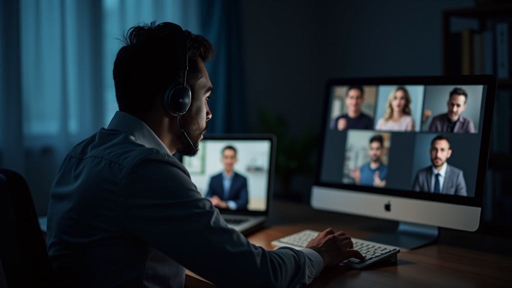 テレワーク中にビデオ会議がフリーズして困惑するビジネスパーソン