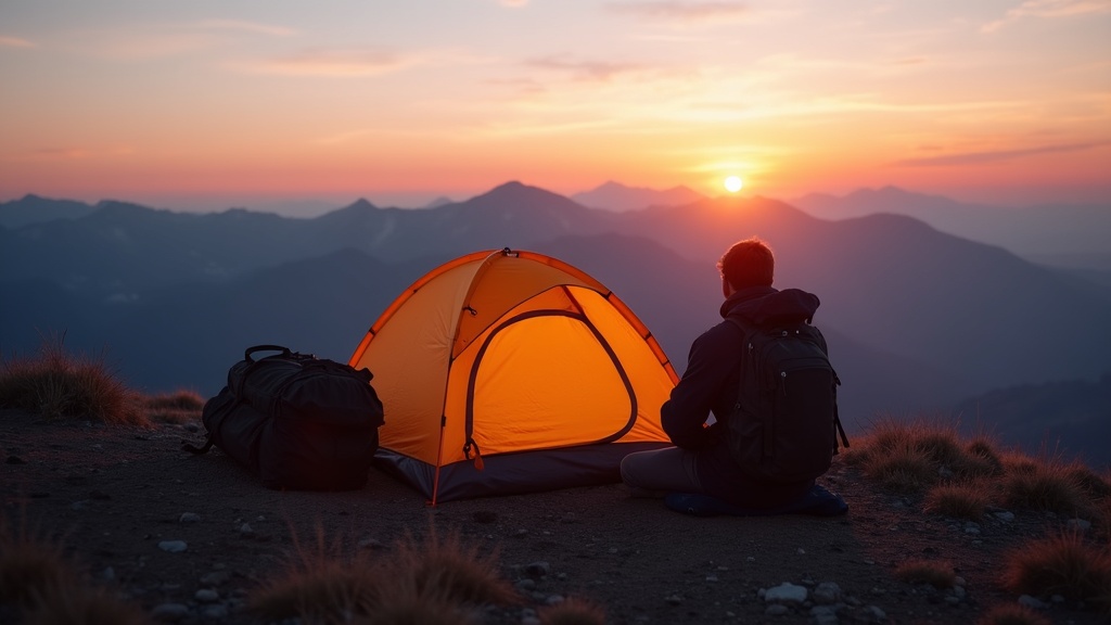 山の稜線上に設営されたソロテントと夕焼けを眺めるバックパッカー