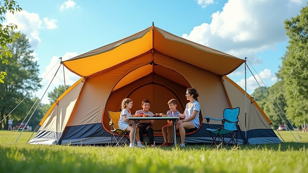 大型ファミリーテントの前室で食事を楽しむ4人家族のキャンプシーン