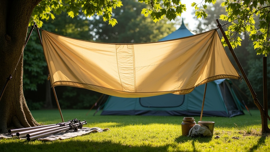 帰宅後に日陰でテントのフライシートとインナーを乾燥させるメンテナンス作業