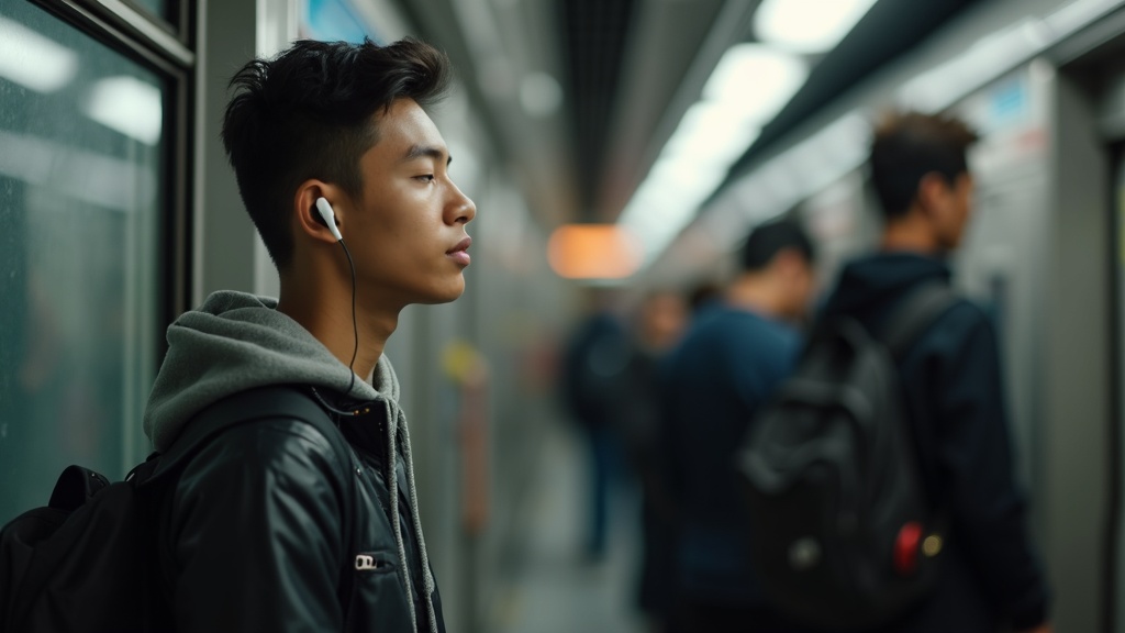 騒がしい駅でノイズキャンセリングイヤホンを装着して静かに音楽を聴く人