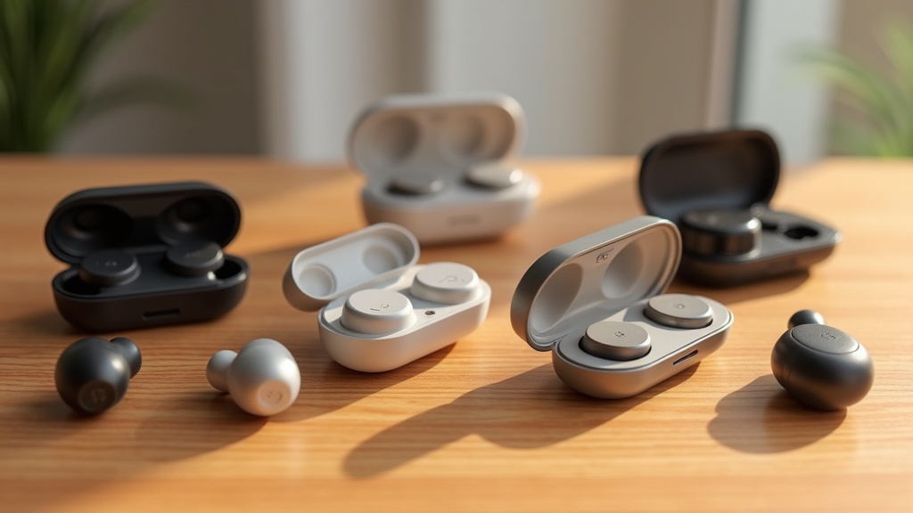 複数のワイヤレスイヤホンとヘッドホンを横並びに比較したフラットレイ