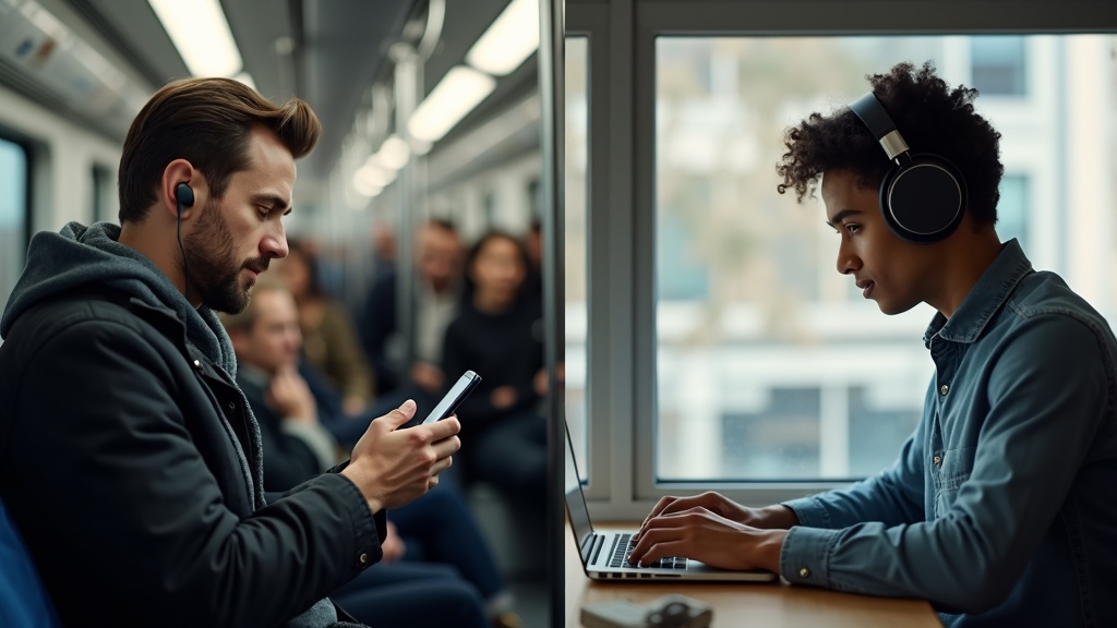 通勤中にイヤホンを使うシーンと自宅でヘッドホンを使うシーンの比較