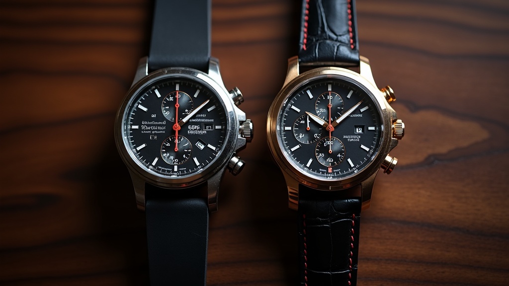 クォーツと機械式の2本のクロノグラフ腕時計を並べた比較写真