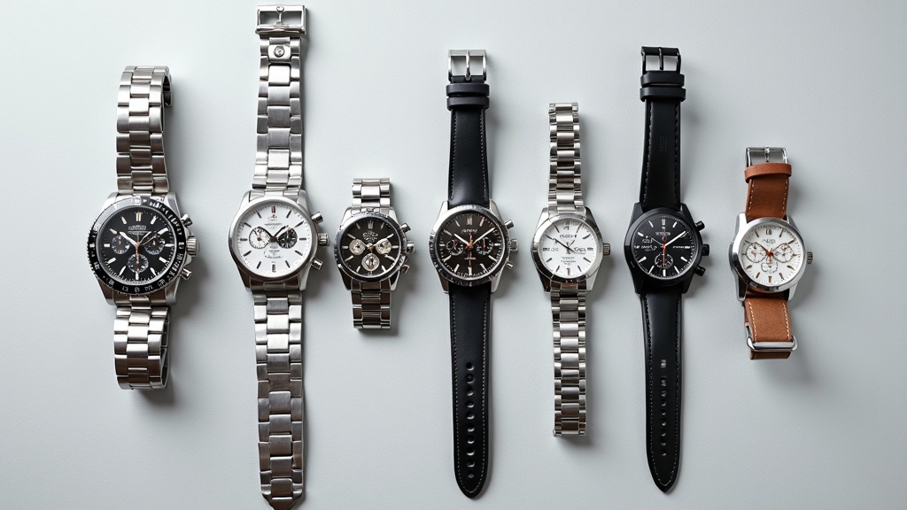 国産・海外ブランドのクロノグラフ腕時計を複数並べた俯瞰フラットレイ写真