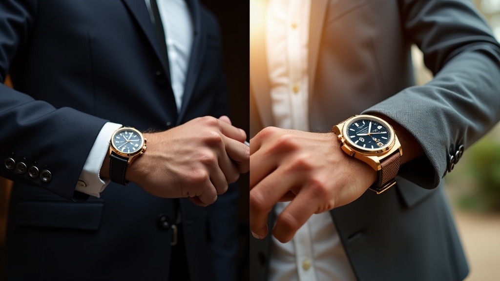 ビジネスシーンとカジュアルシーンでクロノグラフ腕時計を着用したシーン比較