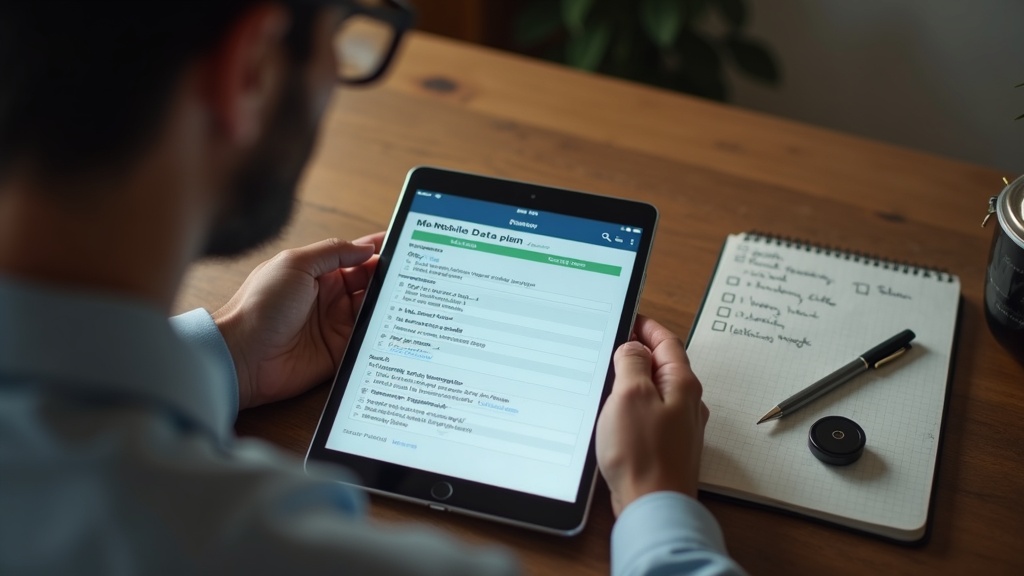 ポケットWiFiの契約プランをタブレットで比較検討しながらチェックリストにメモする様子