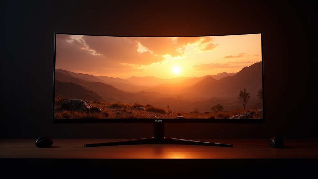 32インチ湾曲ウルトラワイドモニターにオープンワールドRPGの夕焼け風景が映し出された没入感のあるゲーミング環境