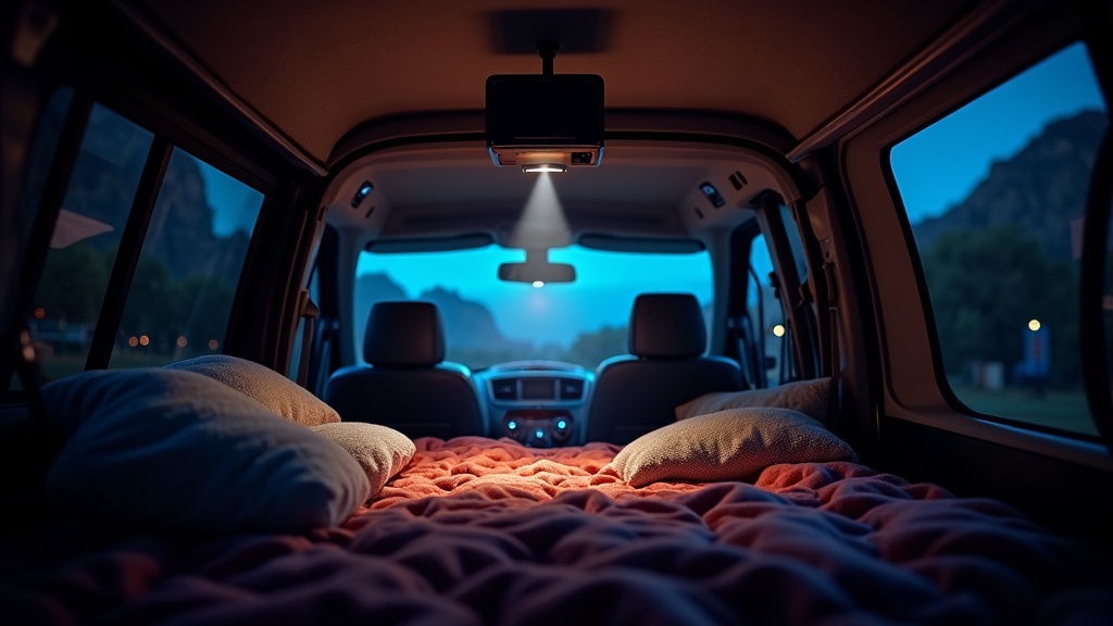 車中泊でポータブルプロジェクターを車内天井マウントし映像を投影するシアター設置の様子